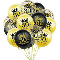 Brain Giggles 30th Happy Birthday Latex And Confetti Balloons For Decorations, Black and Gold, 15 Pcs