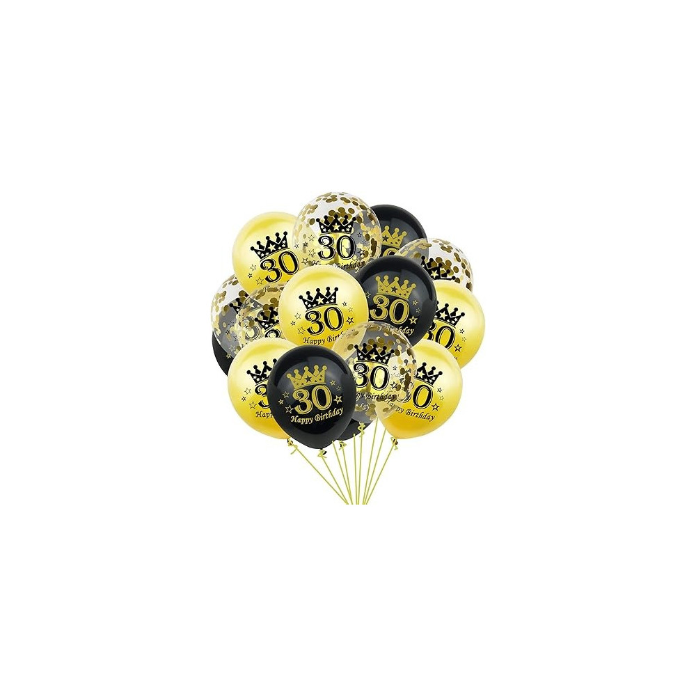 Brain Giggles 30th Happy Birthday Latex And Confetti Balloons For Decorations, Black and Gold, 15 Pcs