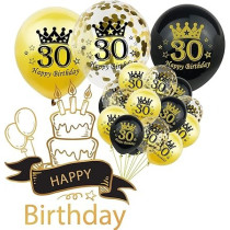 Brain Giggles 30th Happy Birthday Latex And Confetti Balloons For Decorations, Black and Gold, 15 Pcs