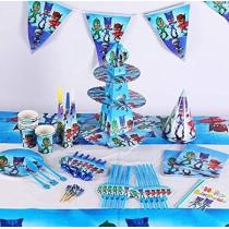 Brain Giggles PJ Mask Disposable Tableware Set 136-Piece Birthday Tableware Pack With Plates, Cups, Straws, Cutlery, Tablecloth And More- Ideal For PJ Mask Theme Birthday Party Decoration For Kids