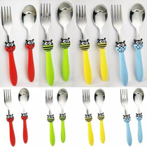 Brain Giggles Kids Cutlery Set, Lightweight Stainless Steel Spoon And Fork Flatware For Children With Rounded Edges, BPA-Free Fun Animal Handles With Non-Slip Grip, Toddler Children Tableware, Blue