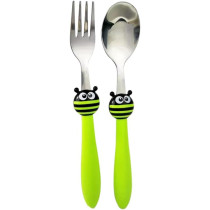 Brain Giggles Kids Cutlery Set, Stainless Steel Spoon And Fork Flatware For Children With Rounded Edges, BPA-Free Cute Cartoon Handles With Non-Slip Grip, Toddler Children Tableware, Green