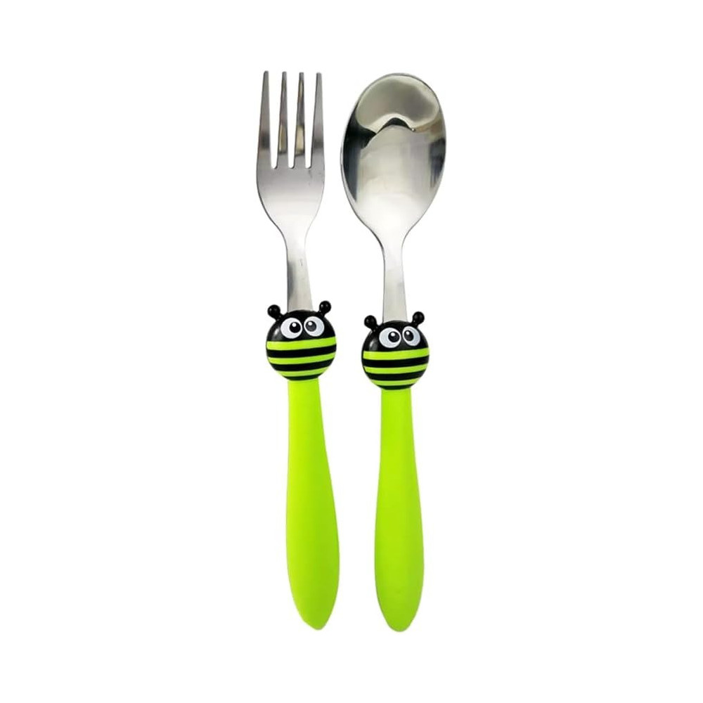 Brain Giggles Kids Cutlery Set, Stainless Steel Spoon And Fork Flatware For Children With Rounded Edges, BPA-Free Cute Cartoon Handles With Non-Slip Grip, Toddler Children Tableware, Green