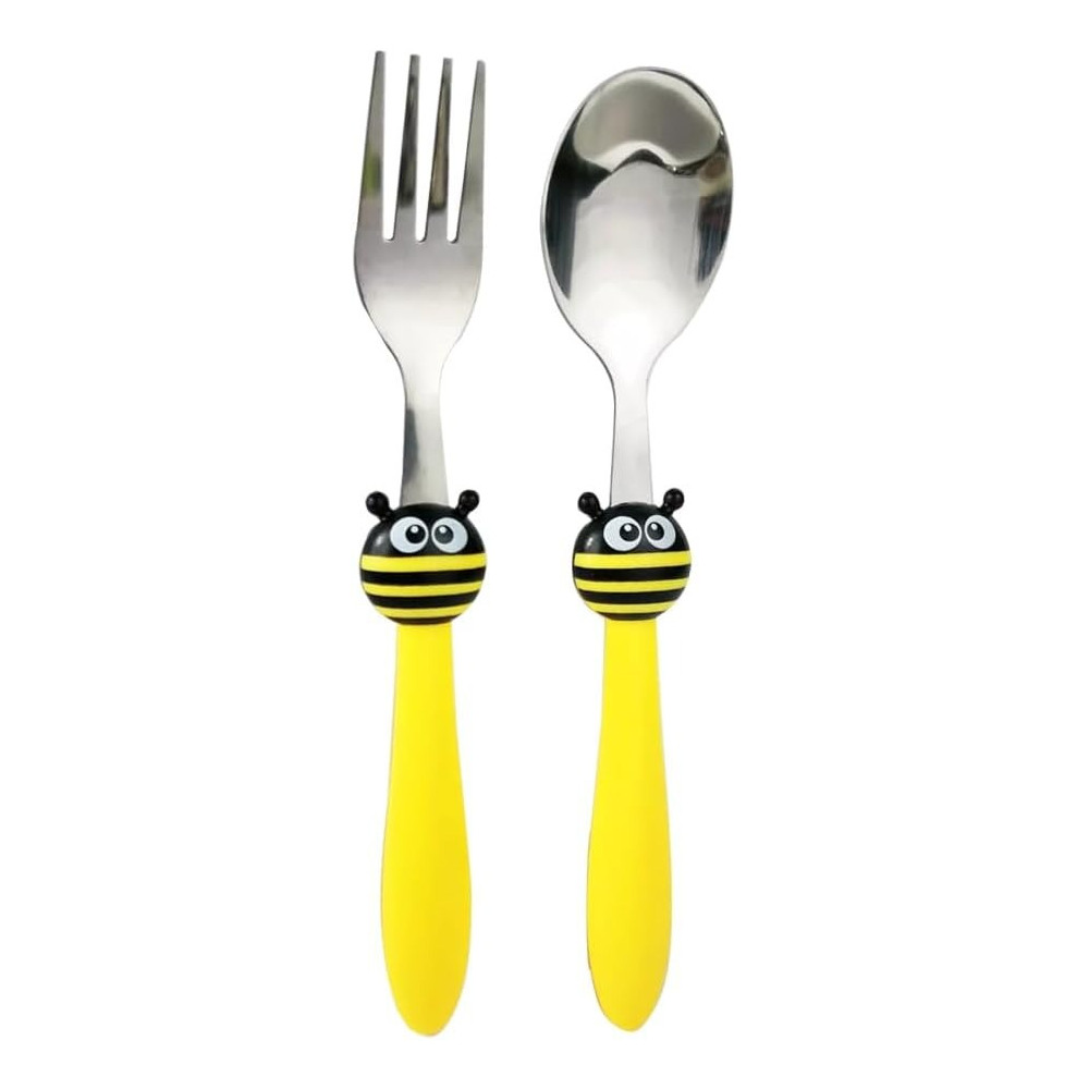 Brain Giggles Kids Cutlery Set, Lightweight Stainless Steel Spoon And Fork Flatware For Children With Rounded Edges, BPA-Free Fun Animal Handles With Non-Slip Grip, Toddler Children Tableware, Yellow