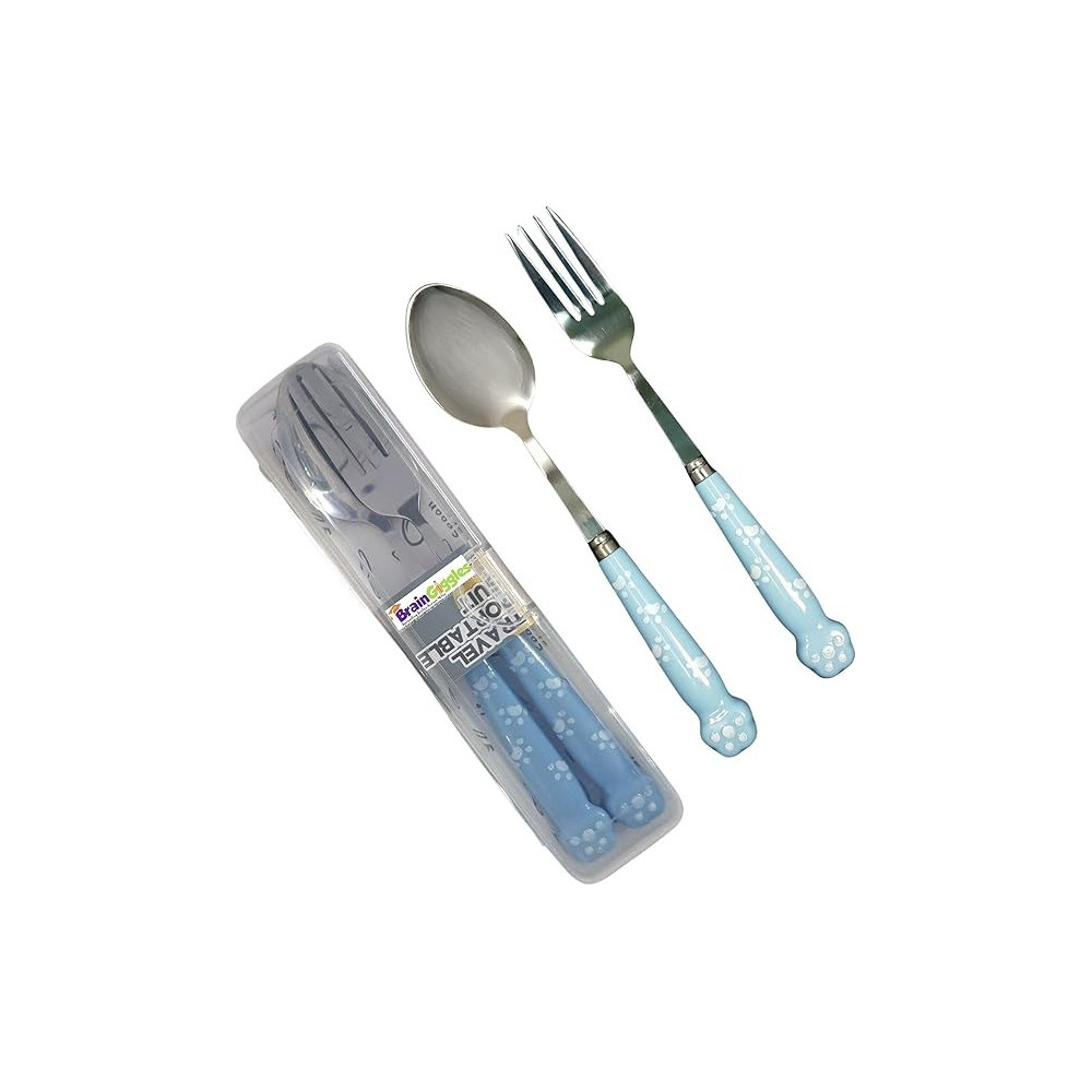 Brain Giggles Kids Cutlery Set with Case Round Edge Stainless Steel Kids Cutlery BPA Free Handles Spoon And Fork Cutlery Set For Lunch Box Paw Engraved Children Tableware With Portable Case (Blue)
