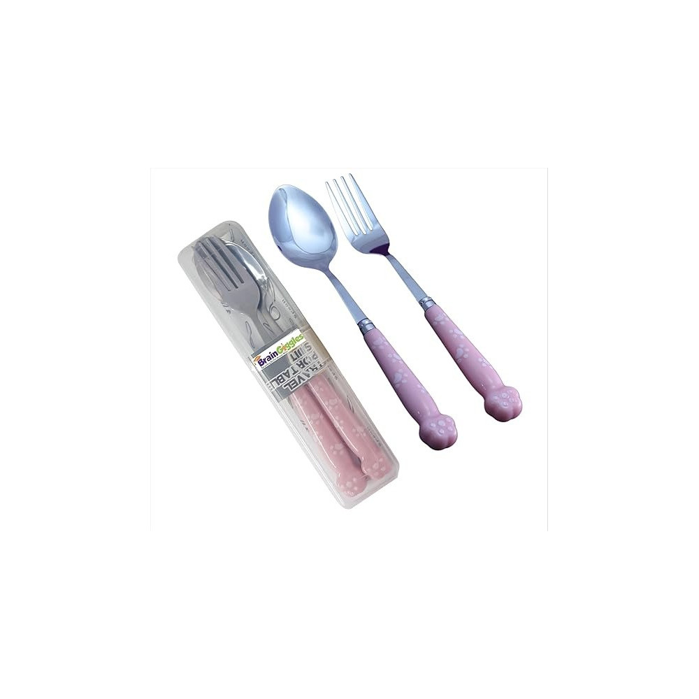 Brain Giggles Kids Cutlery Set with Case Round Edge Stainless Steel Kids Cutlery BPA Free Handles Spoon And Fork Cutlery Set For Lunch Bo xPaw Engraved Children Tableware With Portable Case (Pink)