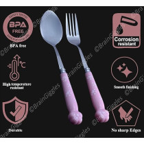 Brain Giggles Kids Cutlery Set with Case Round Edge Stainless Steel Kids Cutlery BPA Free Handles Spoon And Fork Cutlery Set For Lunch Bo xPaw Engraved Children Tableware With Portable Case (Pink)