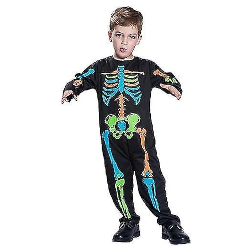 Brain Giggles Skeleton Costume For Kids, Spooky Neon Halloween Cosplay Jumpsuit For Boys And Girls, Scary Glow-in-The-Dark Outfit For Trick or Treat, Black, Medium