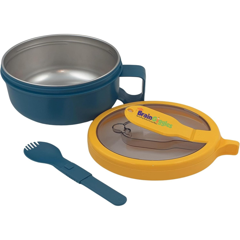 Brain Giggles Insulated Leakproof Bpa Free Stainless Steel Lunch Box With Handle, Foldable Spoon-Fork Combo In Lunch Box For Adults And Kids, 850 Ml Portable Food Jar, Soup Bowl(Blue And Yellow)
