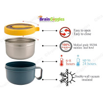 Brain Giggles Insulated Leakproof Bpa Free Stainless Steel Lunch Box With Handle, Foldable Spoon-Fork Combo In Lunch Box For Adults And Kids, 850 Ml Portable Food Jar, Soup Bowl(Blue And Yellow)