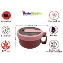 Brain Giggles Insulated Leakproof Bpa Free Stainless Steel Lunch Box With Handle, Foldable Spoon-Fork Combo In Lunch Box For Adults And Kids, 850 Ml Food Jar Portable Food Flask, Soup Bowl (Pink)