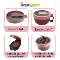 Brain Giggles Insulated Leakproof Bpa Free Stainless Steel Lunch Box With Handle, Foldable Spoon-Fork Combo In Lunch Box For Adults And Kids, 850 Ml Food Jar Portable Food Flask, Soup Bowl (Pink)