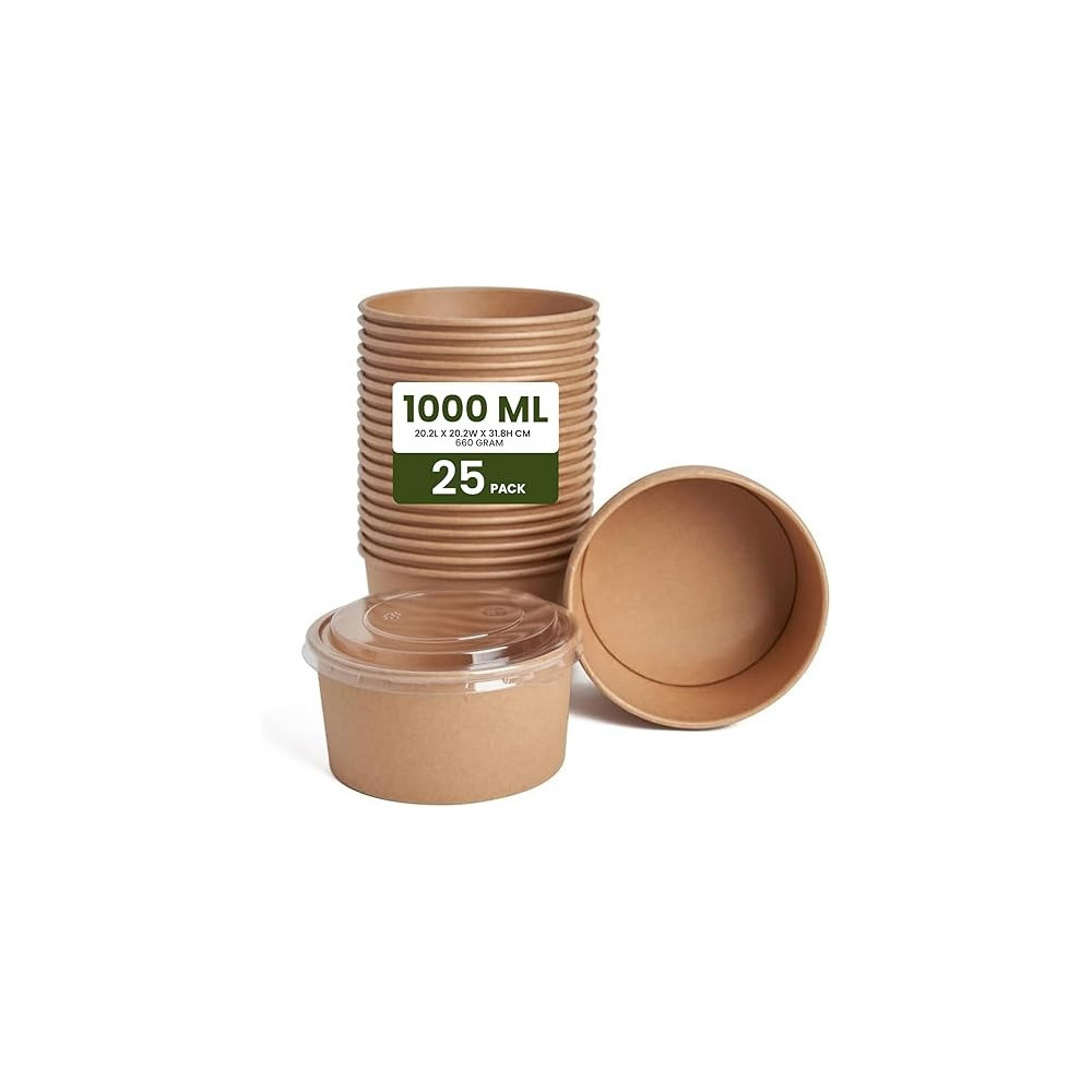 Ecoway Compostable Heavy Duty Made Of Paper, 1000 Ml, Pack Of 25, Disposable Bowls Eco-Friendly Biodegradable Perfect For Salad, Soup, Dessert, Hot Or Cold Use, Brown
