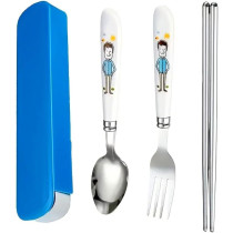 Brain Giggles Kids Cutlery Set With Case, Round Edge Stainless Steel Soft Grip Spoon, Fork And Chopsticks Cutlery Set With Bpa Safe Fun Character Engraved Handles For Kids (Pack Of 1, Blue)