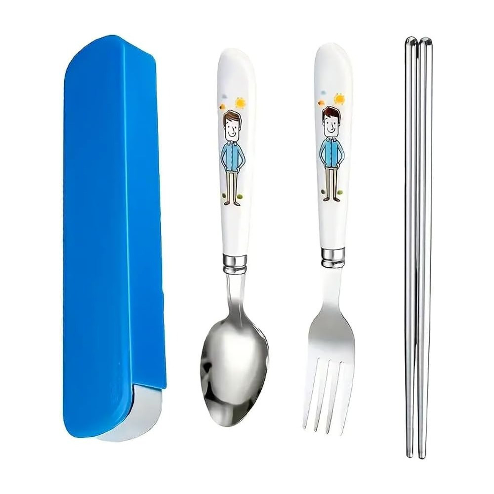 Brain Giggles Kids Cutlery Set With Case, Round Edge Stainless Steel Soft Grip Spoon, Fork And Chopsticks Cutlery Set With Bpa Safe Fun Character Engraved Handles For Kids (Pack Of 1, Blue)
