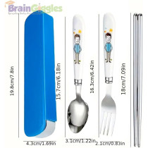 Brain Giggles Kids Cutlery Set With Case, Round Edge Stainless Steel Soft Grip Spoon, Fork And Chopsticks Cutlery Set With Bpa Safe Fun Character Engraved Handles For Kids (Pack Of 1, Blue)