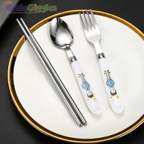 Brain Giggles Kids Cutlery Set With Case, Round Edge Stainless Steel Soft Grip Spoon, Fork And Chopsticks Cutlery Set With Bpa Safe Fun Character Engraved Handles For Kids (Pack Of 1, Blue)