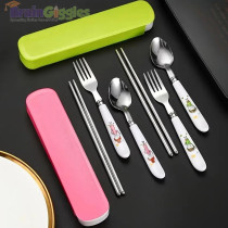 Brain Giggles Kids Cutlery Set With Case, Round Edge Stainless Steel Soft Grip Spoon, Fork And Chopsticks Cutlery Set With Bpa Safe Fun Character Engraved Handles For Kids (Pack Of 1, Blue)