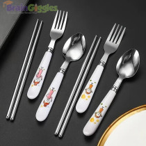 Brain Giggles Kids Cutlery Set With Case, Round Edge Stainless Steel Soft Grip Spoon, Fork And Chopsticks Cutlery Set With Bpa Safe Fun Character Engraved Handles For Kids (Pack Of 1, Blue)