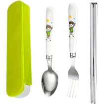 Brain Giggles Kids Cutlery Set With Case, Round Edge Stainless Steel Soft Grip Spoon, Fork And Chopsticks Cutlery Set With Bpa Safe Fun Character Engraved Handles For Kids (Pack Of 1, Green)