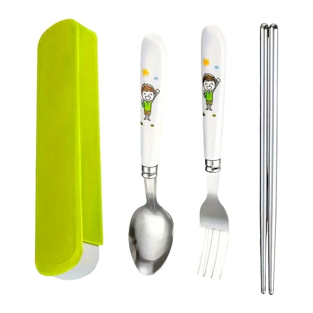 Brain Giggles Kids Cutlery Set With Case, Round Edge Stainless Steel Soft Grip Spoon, Fork And Chopsticks Cutlery Set With Bpa Safe Fun Character Engraved Handles For Kids (Pack Of 1, Green)