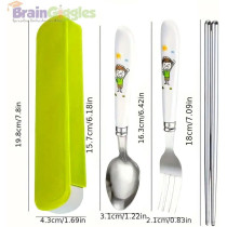 Brain Giggles Kids Cutlery Set With Case, Round Edge Stainless Steel Soft Grip Spoon, Fork And Chopsticks Cutlery Set With Bpa Safe Fun Character Engraved Handles For Kids (Pack Of 1, Green)