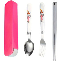 Brain Giggles Kids Cutlery Set With Case, Round Edge Stainless Steel Soft Grip Spoon, Fork And Chopsticks Cutlery Set With Bpa Safe Fun Character Engraved Handles For Kids (Pack Of 1, Pink)