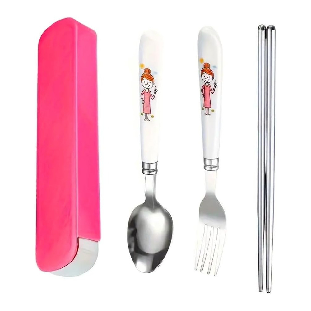 Brain Giggles Kids Cutlery Set With Case, Round Edge Stainless Steel Soft Grip Spoon, Fork And Chopsticks Cutlery Set With Bpa Safe Fun Character Engraved Handles For Kids (Pack Of 1, Pink)