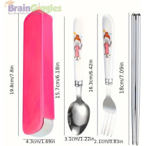 Brain Giggles Kids Cutlery Set With Case, Round Edge Stainless Steel Soft Grip Spoon, Fork And Chopsticks Cutlery Set With Bpa Safe Fun Character Engraved Handles For Kids (Pack Of 1, Pink)
