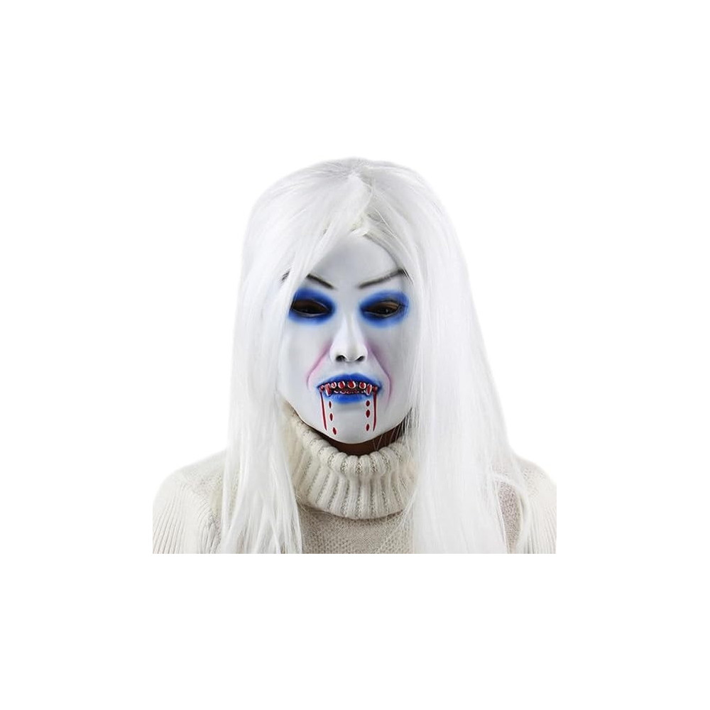 Brain Giggles Halloween Scary Mask, Durable, Adjustable Full Face Costume Mask For Men And Women, Vampire White Mask, White Hair