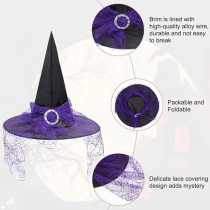 Brain Giggles Halloween Witch Hat, Pointed Top With Elegant Lace Brim, Perfect For Kids And Adult Cosplay, Masquerade Party (Purple/Black)