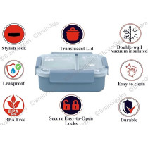 Brain Giggles Stainless Steel 2 Compartments Bento Lunch Box With Removable Inner Tray, Insulated, Leak Proof Bento Box For Kids, Adults, Blue