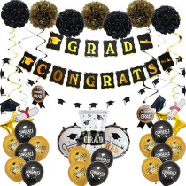 Brain Giggles Graduation Balloons Set Of 42 Pieces, Black And Golden