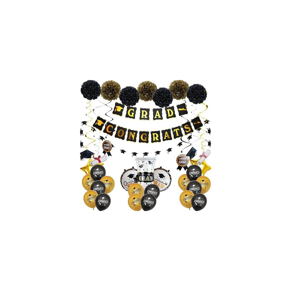 Brain Giggles Graduation Balloons Set Of 42 Pieces, Black And Golden