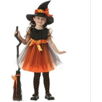 Brain Giggles Witch Costume Orange Dress With Hat For Girls For Halloween Cosplay And Fancy Dress, Medium