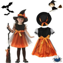 Brain Giggles Witch Costume Orange Dress With Hat For Girls For Halloween Cosplay And Fancy Dress, Medium