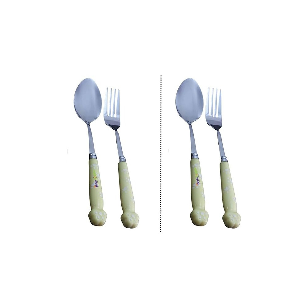 Brain Giggles Kids Cutlery Set With Case, Round Edge Stainless Steel, Bpa Free Handles, Spoon And Fork For Lunch Box, Paw Engraved Children Tableware With Portable Case, 2, Yellow