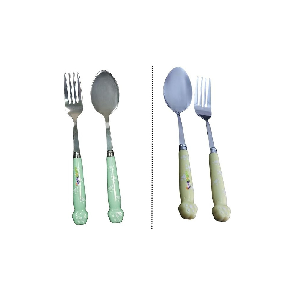 Brain Giggles Kids Cutlery Set With Case, Round Edge Stainless Steel, Bpa Free Handles, Spoon And Fork For Lunch Box, Paw Engraved Children Tableware With Portable Case, 2, Green And Yellow