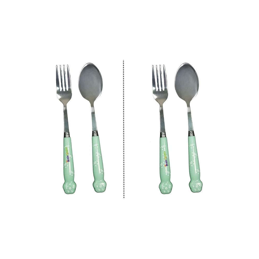 Brain Giggles Kids Cutlery Set With Case, Round Edge Stainless Steel, Bpa Free Handles, Spoon And Fork For Lunch Box, Paw Engraved Children Tableware With Portable Case, 2, Green