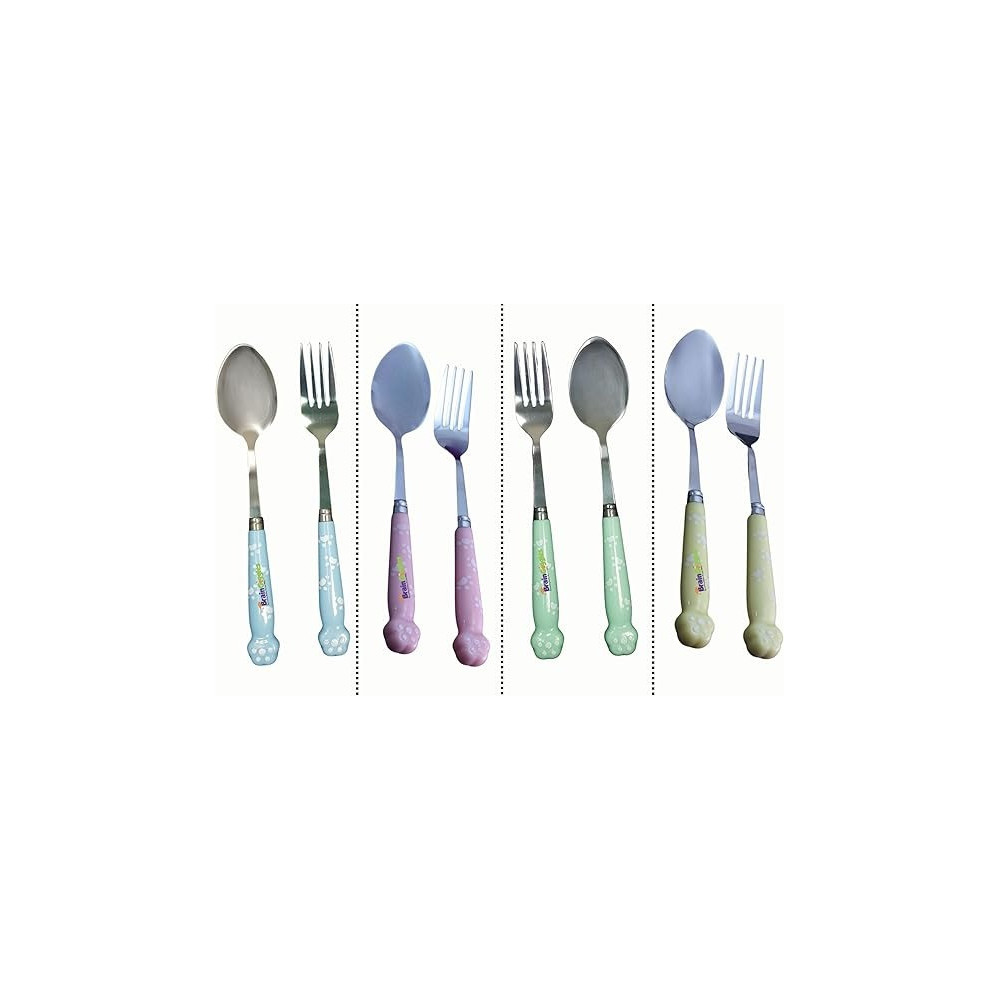 Brain Giggles Kids Cutlery Set With Case, Round Edge Stainless Steel, Bpa Free Handles, Spoon And Fork For Lunch Box, Paw Engraved Children Tableware With Portable Case, 4, Blue, Pink, Green And Yellow