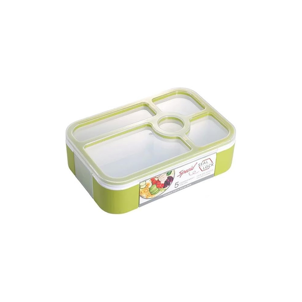Brain Giggles Bento Lunch Box -Leakproof, Bpa-Free, Airtight Tiffin With Spoon And Fork- 5 Compartments, 1100Ml, Microwave Safe Bento Box For Kids And Adults, Ideal For School And Office, Green