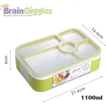 Brain Giggles Bento Lunch Box -Leakproof, Bpa-Free, Airtight Tiffin With Spoon And Fork- 5 Compartments, 1100Ml, Microwave Safe Bento Box For Kids And Adults, Ideal For School And Office, Green