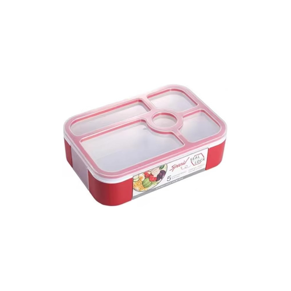 Brain Giggles Bento Lunch Box -Leakproof, Bpa-Free, Airtight Tiffin With Spoon And Fork- 5 Compartments, 1100Ml, Microwave Safe Bento Box For Kids And Adults, Ideal For School And Office, Red