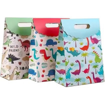 Brain Giggles 3Pcs Dinosaur Theme Gift Bags, Paper Candy Gift Pouch Bags For Kids Party, Cartoon Dinosaur Theme Paper Bags Kraft Paper For Kids Birthday Party Supplies, Multicolour, Small