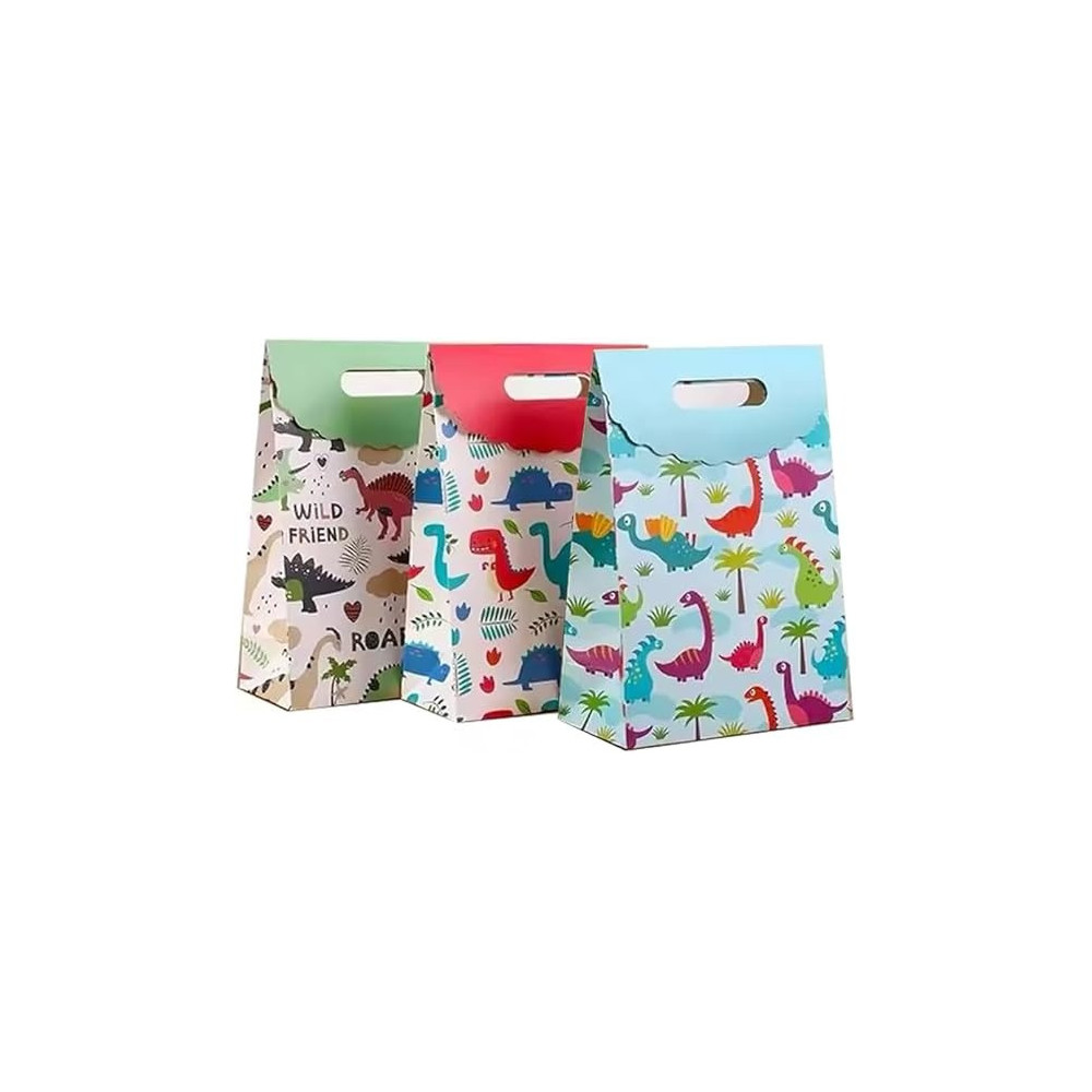 Brain Giggles 3Pcs Dinosaur Theme Gift Bags, Paper Candy Gift Pouch Bags For Kids Party, Cartoon Dinosaur Theme Paper Bags Kraft Paper For Kids Birthday Party Supplies, Multicolour, Small