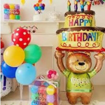 Brain Giggles Happy Birthday Printed Multicolour Teddy Bear And Cake Shape Foil Balloon, Large Size Decoration 120 Cm (47 Inch) Perfect For Party Decoration, Pack Of 2