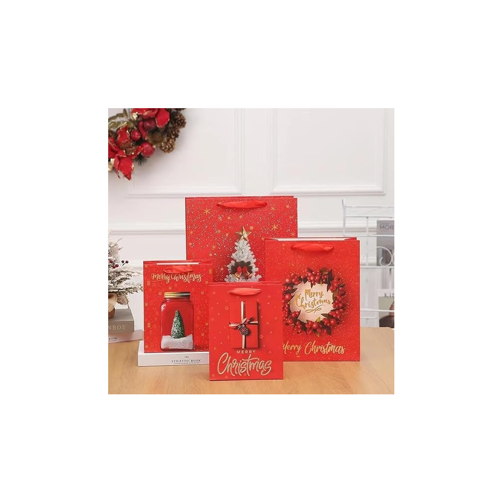 Brain Giggles Assorted Merry Christmas Gift Bags Medium, 32 x 25 x 11 Cm Gift Bag With Christmas Tree, Wreath, Snow Globe Designs, Paper Bags With Sturdy Handles For Christmas Gifts, Gift Wrap, Set Of 6