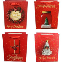 Brain Giggles Assorted Merry Christmas Gift Bags Medium, 32 x 25 x 11 Cm Gift Bag With Christmas Tree, Wreath, Snow Globe Designs, Paper Bags With Sturdy Handles For Christmas Gifts, Gift Wrap, Set Of 10