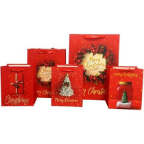 Brain Giggles Assorted Merry Christmas Gift Bags Medium, 32 x 25 x 11 Cm Gift Bag With Christmas Tree, Wreath, Snow Globe Designs, Paper Bags With Sturdy Handles For Christmas Gifts, Gift Wrap, Set Of 10