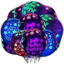 Brain Giggles Colorful Happy Birthday Printed Clear Fluorescent 12-Inch Latex Balloons For Birthday Party Decoration, 10 Pieces